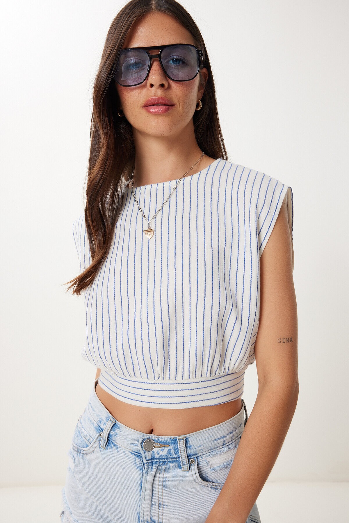 Çizgili Müslin Crop Bluz EKRU MAVİ HGP0001