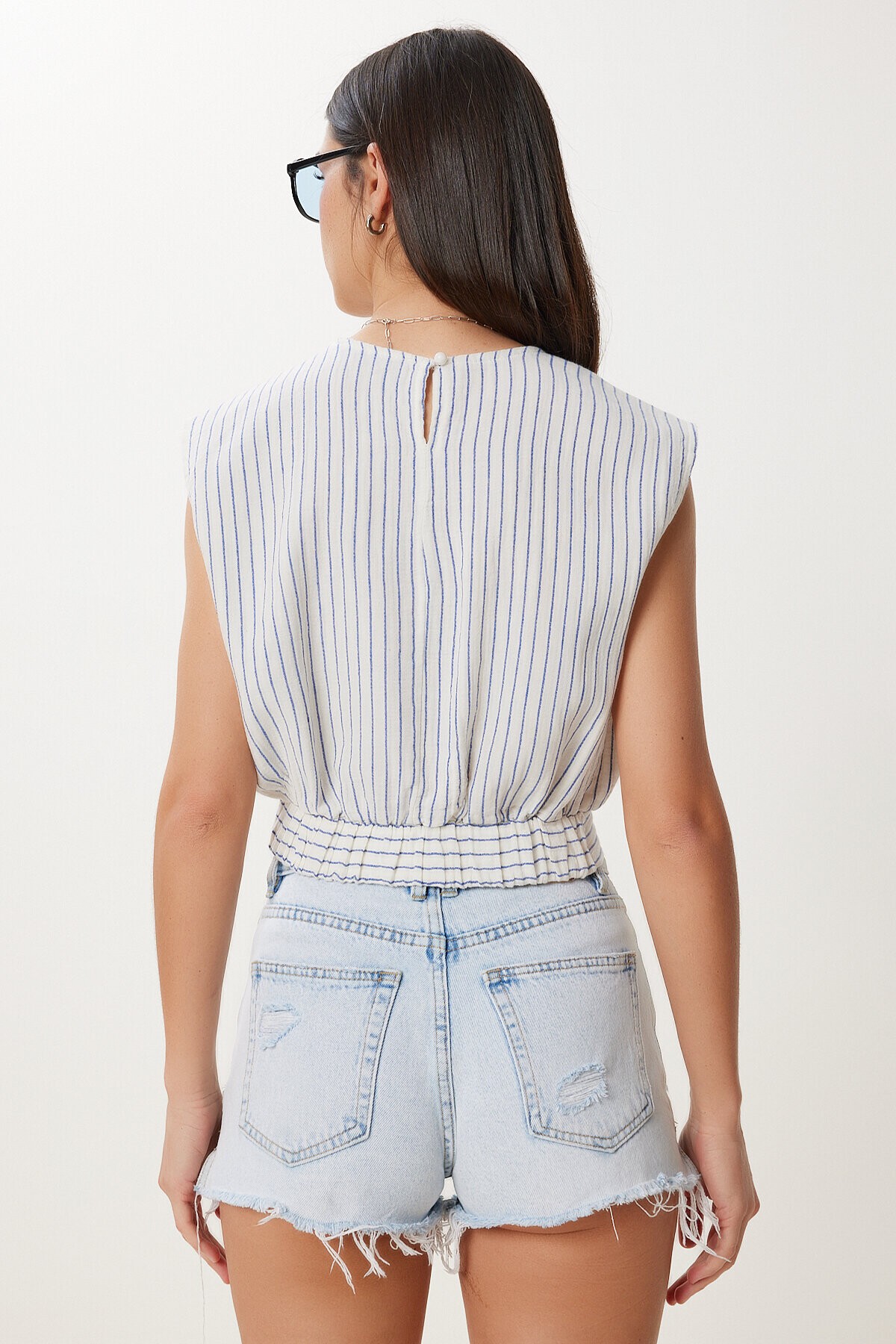 Çizgili Müslin Crop Bluz EKRU MAVİ HGP0001