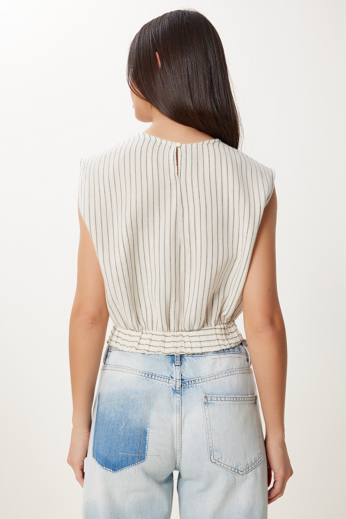 Çizgili Müslin Crop Bluz KEMİK HAKİ HGP0001