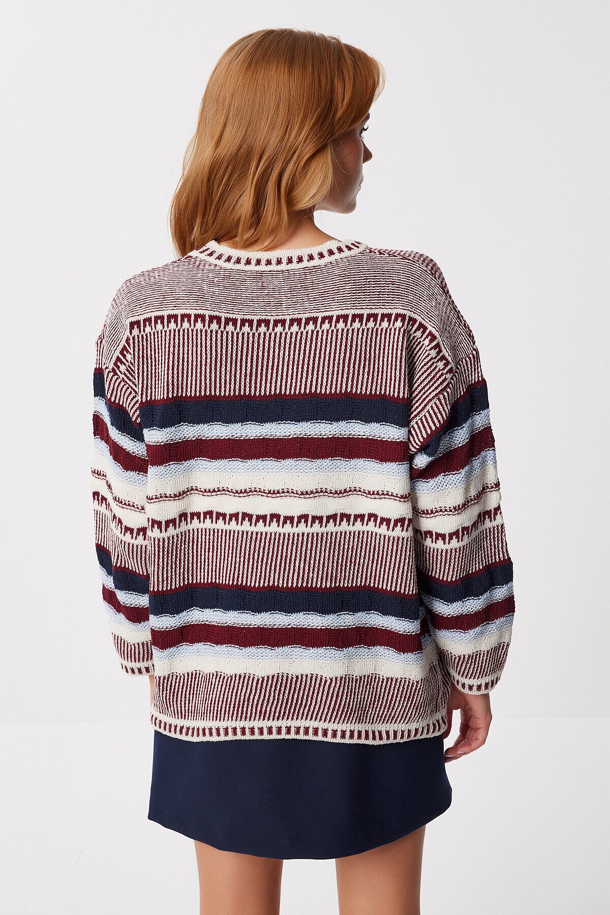 Çizgili Oversize Triko Kazak BORDO KEMİK LAN0052