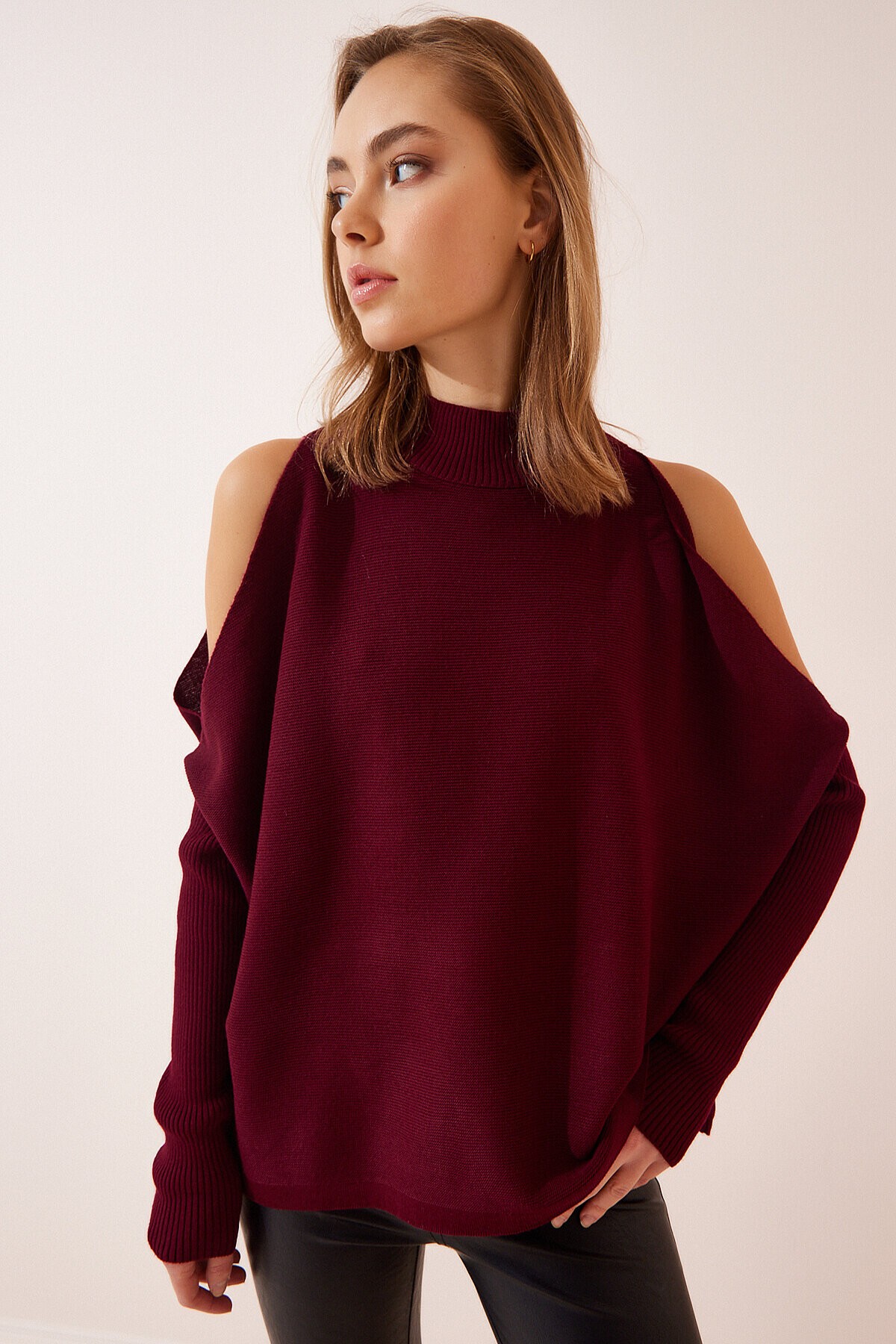Cut Out Detaylı Oversize Triko Kazak BORDO LAS0003