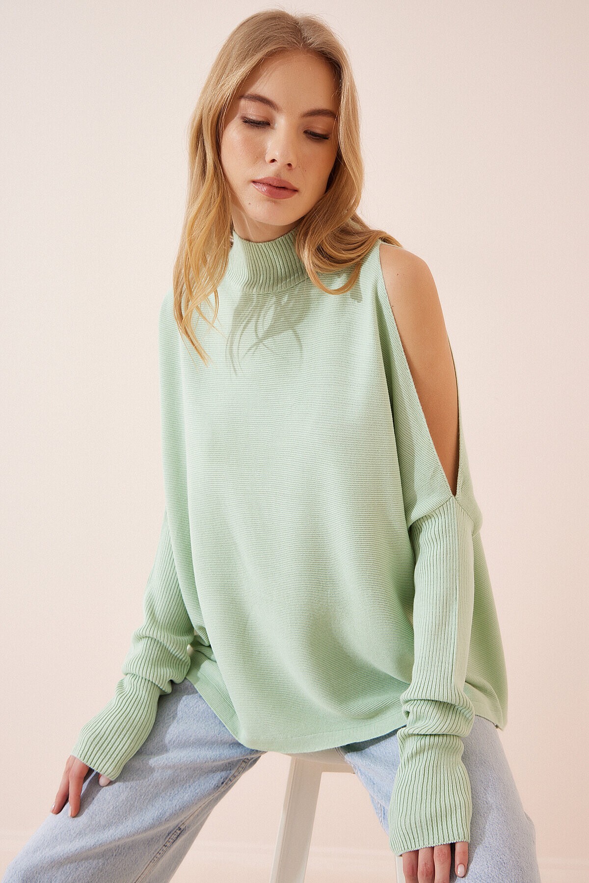 Cut Out Detaylı Oversize Triko Kazak SU YEŞİLİ LAS0003