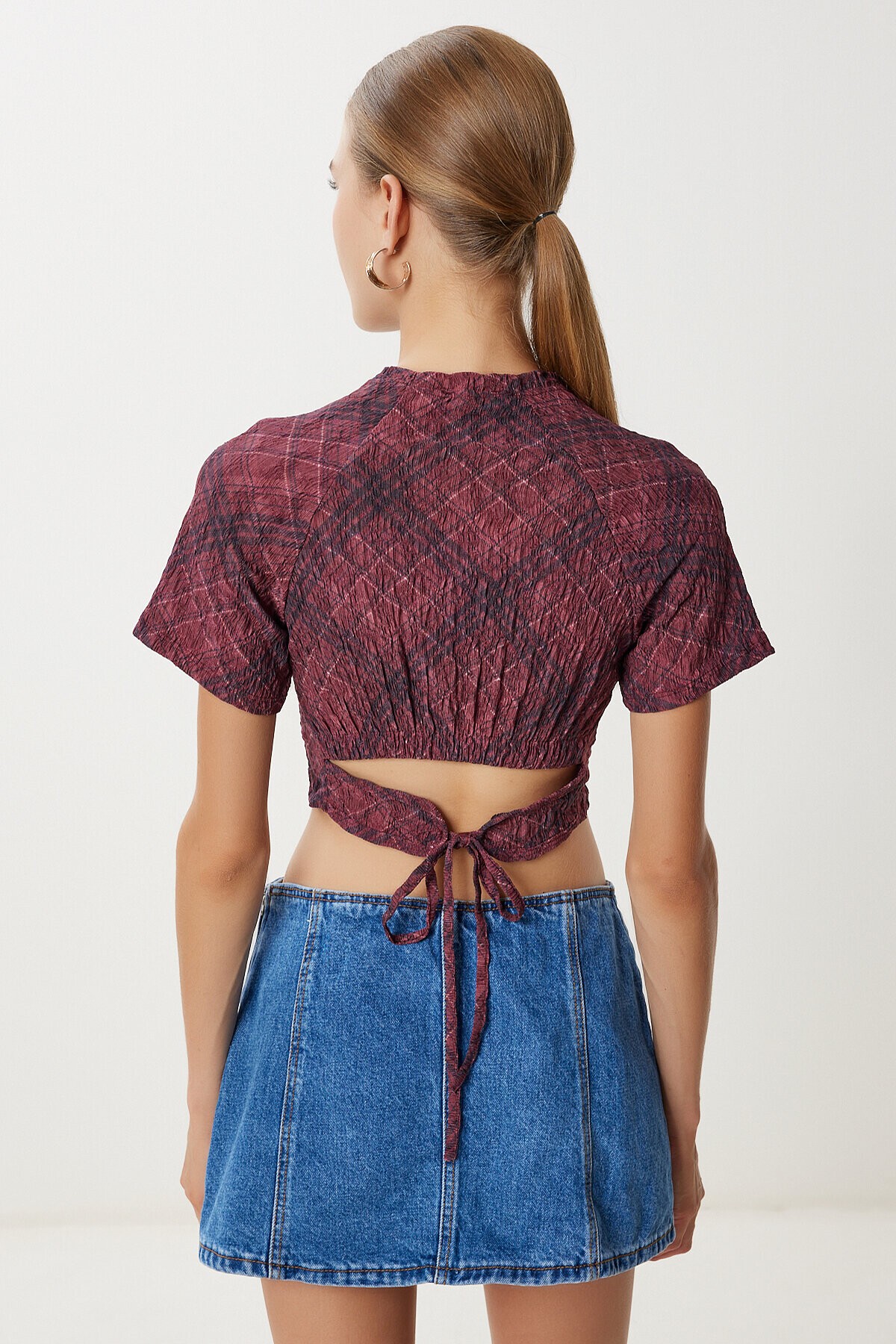 Desenli Crop Krinkıl Bluz BORDO LAN0048