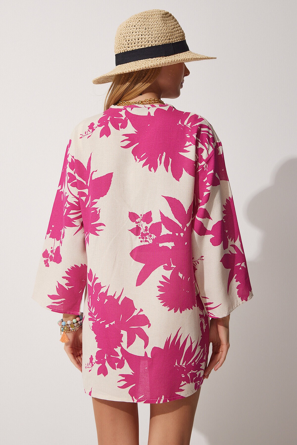 Desenli Keten Viskon Kimono BEJ PEMBE LBH0005