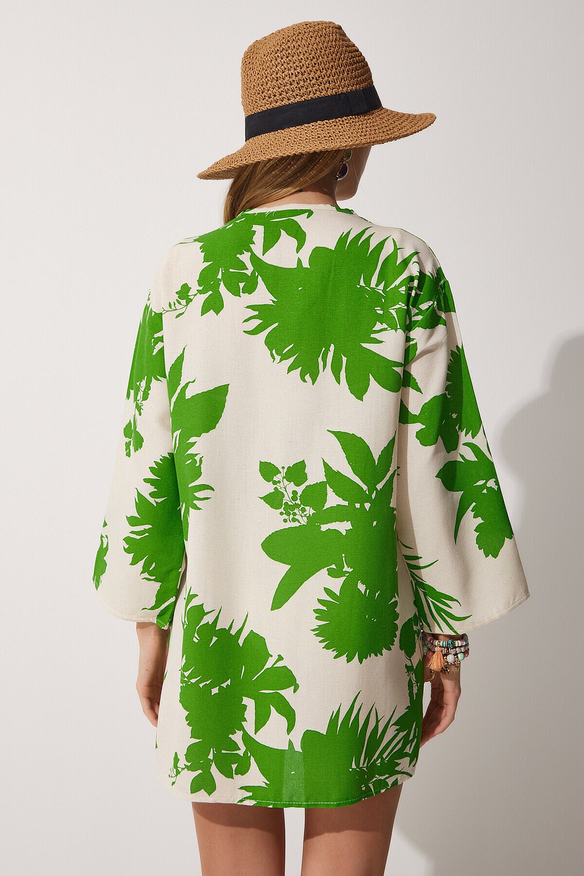 Desenli Keten Viskon Kimono BEJ YEŞİL LBH0005