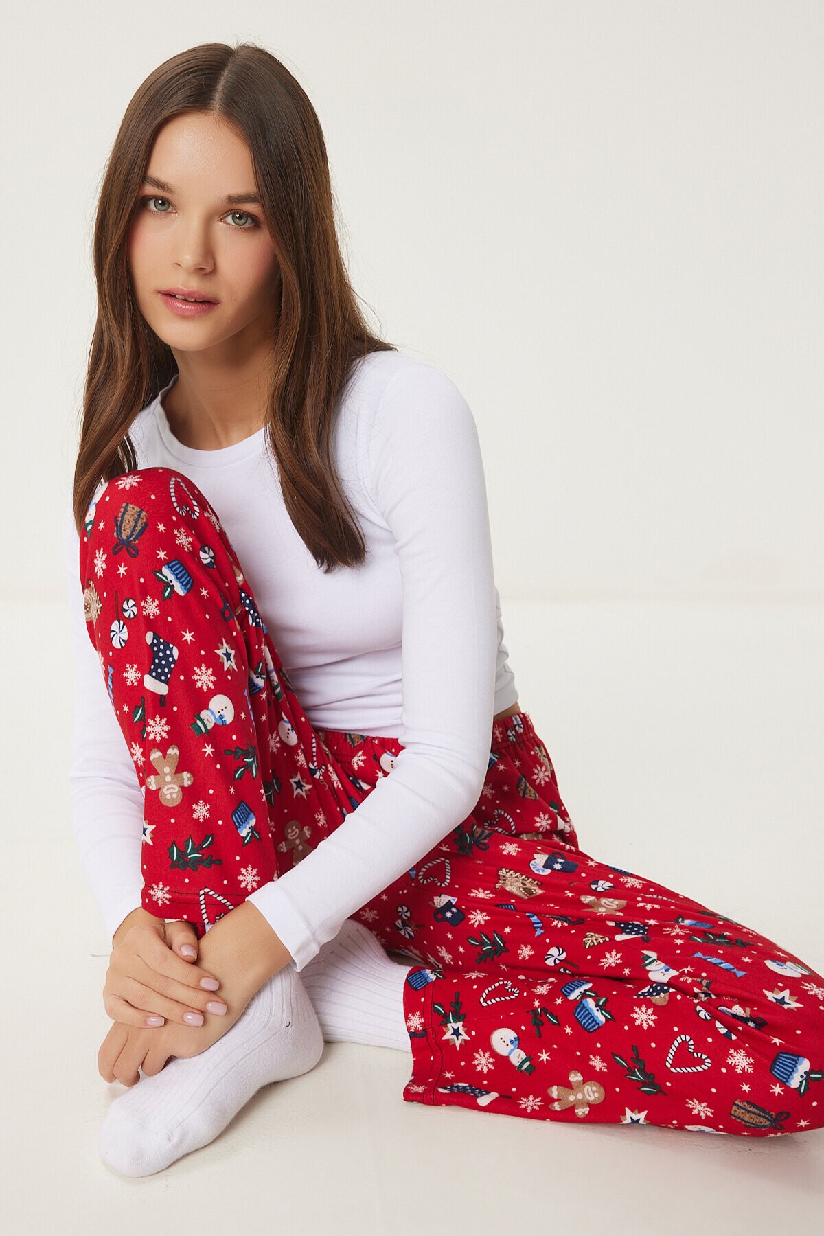 Desenli Yumuşak Dokulu Örme Pijama Altı KIRMIZI BEYAZ LCE0002