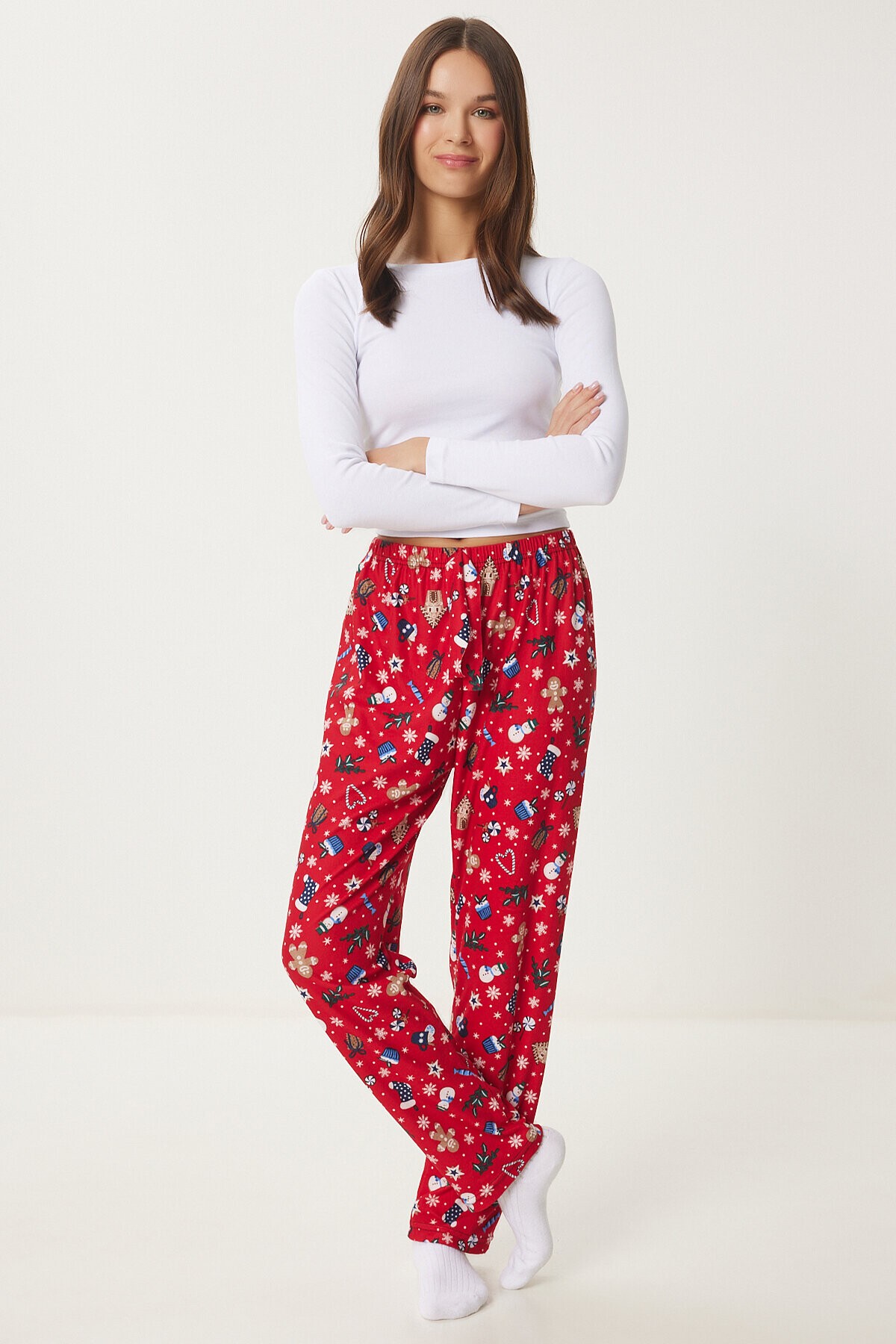 Desenli Yumuşak Dokulu Örme Pijama Altı KIRMIZI BEYAZ LCE0002