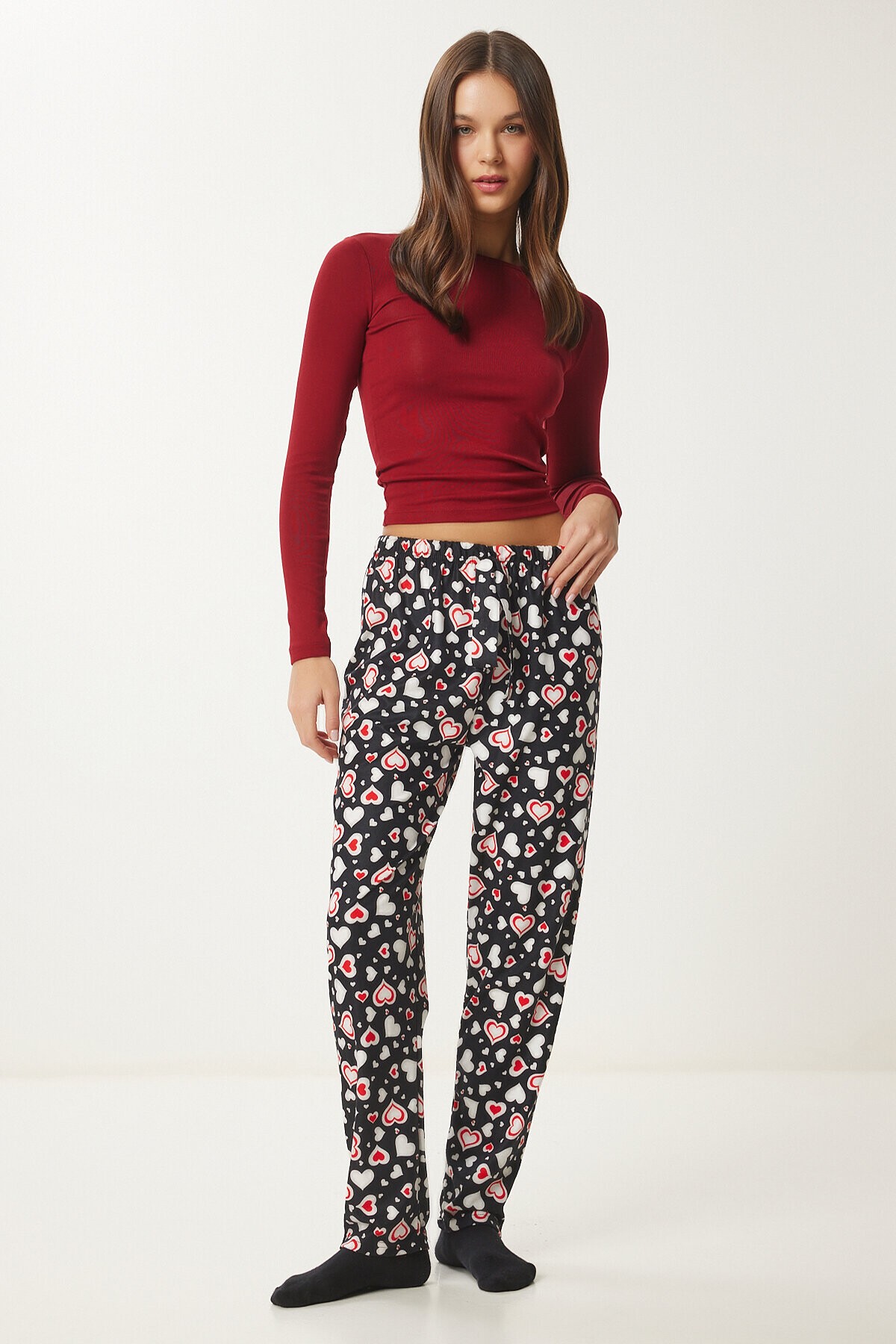 Desenli Yumuşak Dokulu Örme Pijama Altı SİYAH KREM LCE0002