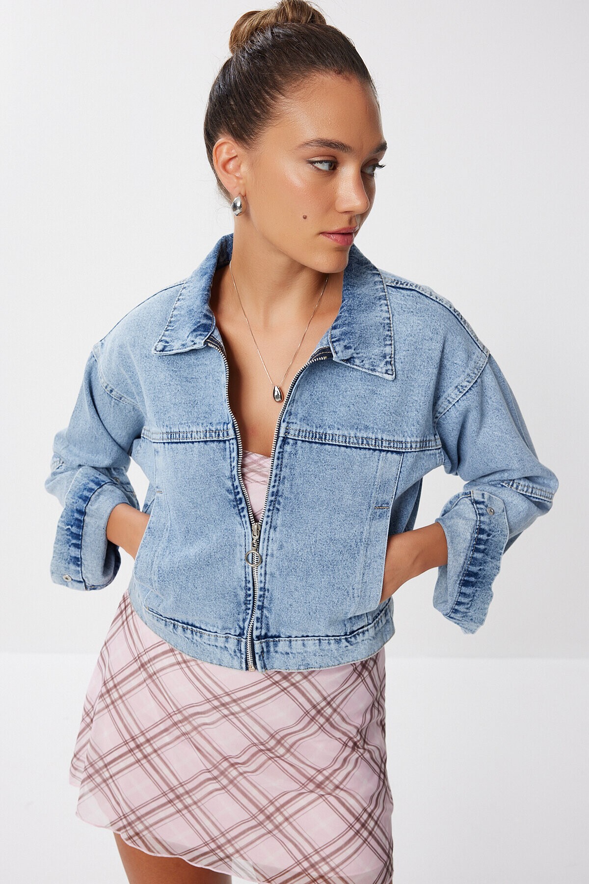 Fermuarlı Denim Ceket AÇIK MAVİ LAN0056
