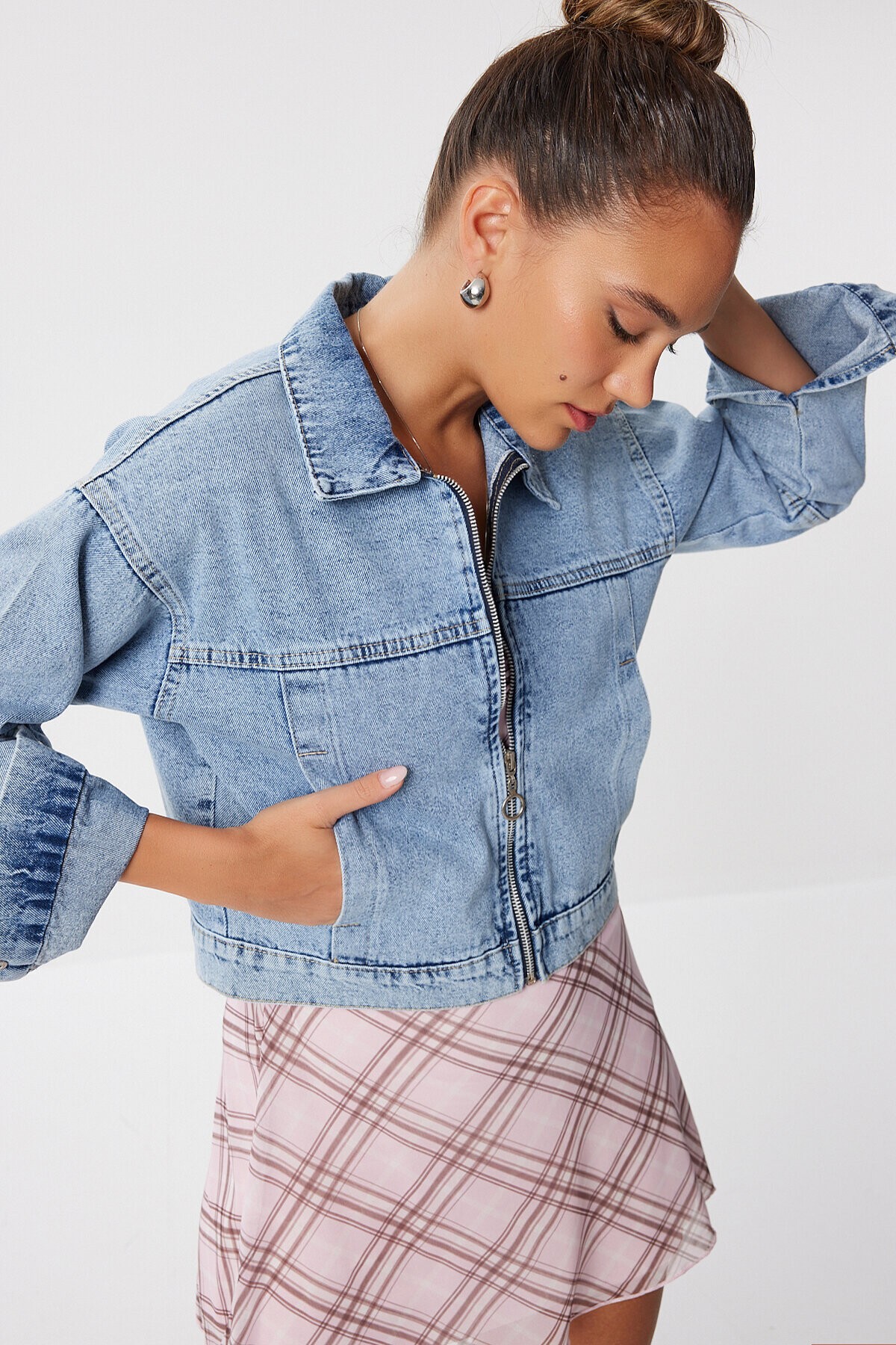 Fermuarlı Denim Ceket AÇIK MAVİ LAN0056