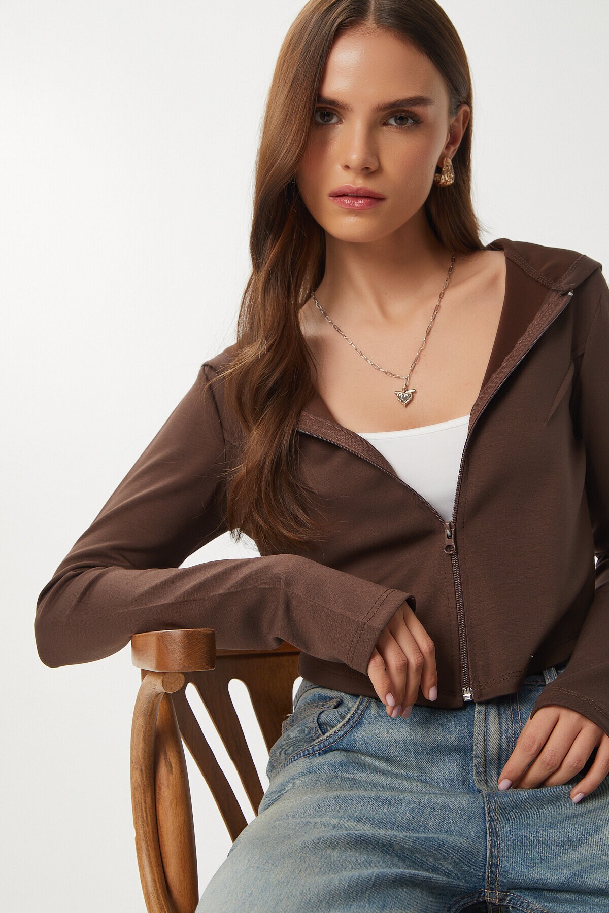 Fermuarlı Kapüşonlu Yumuşak Modal Sweatshirt KAHVERENGİ LAN0059