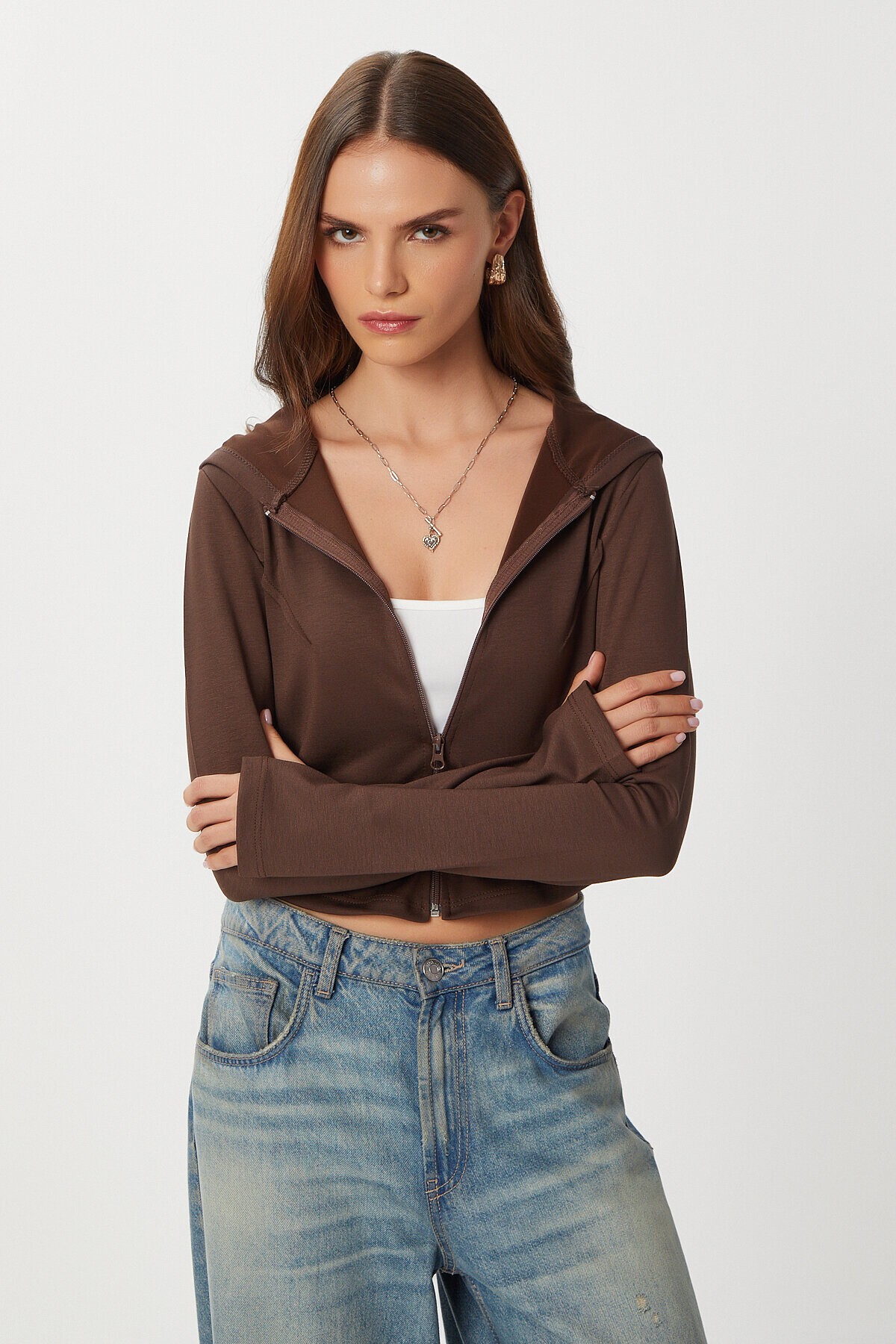 Fermuarlı Kapüşonlu Yumuşak Modal Sweatshirt KAHVERENGİ LAN0059