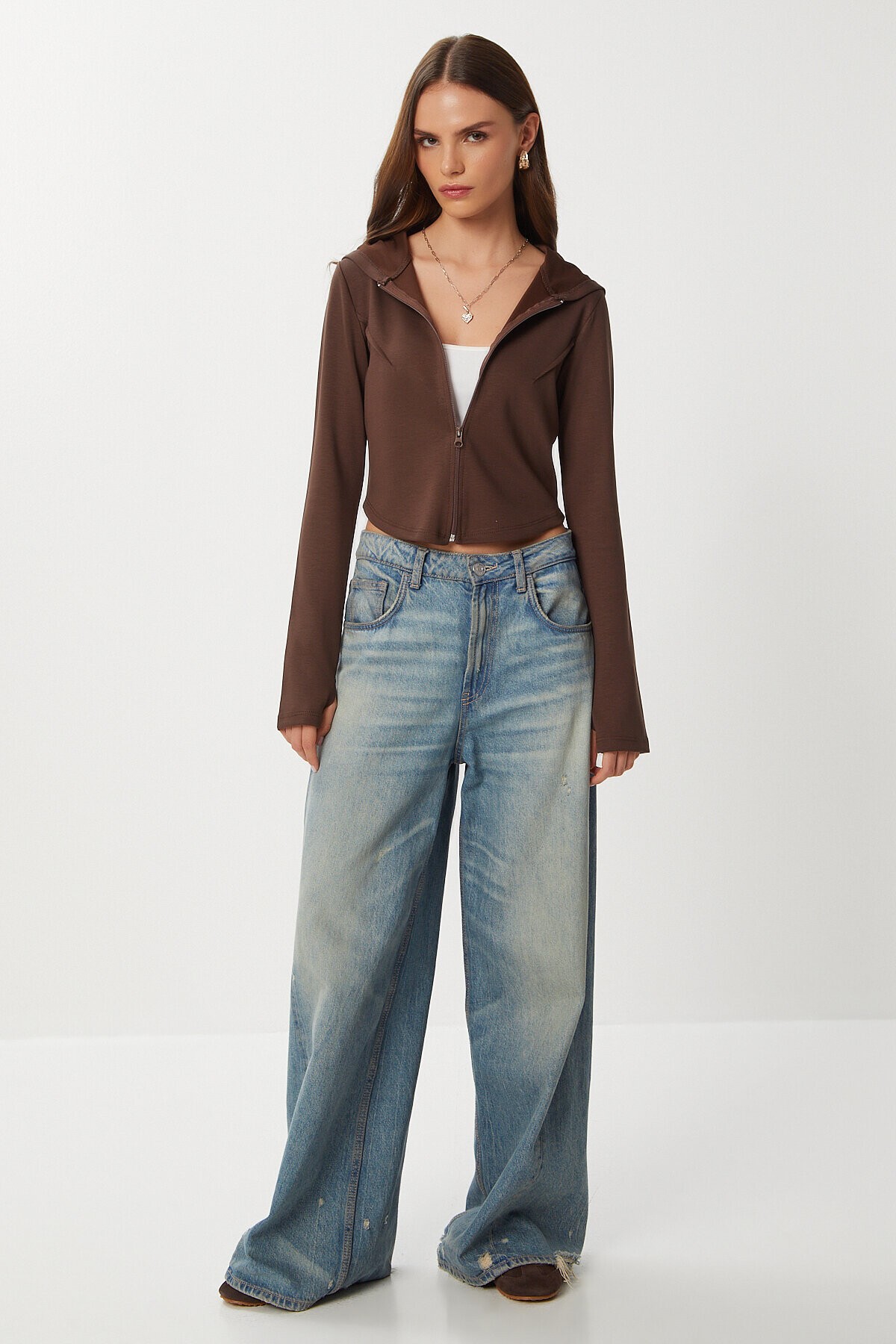 Fermuarlı Kapüşonlu Yumuşak Modal Sweatshirt KAHVERENGİ LAN0059