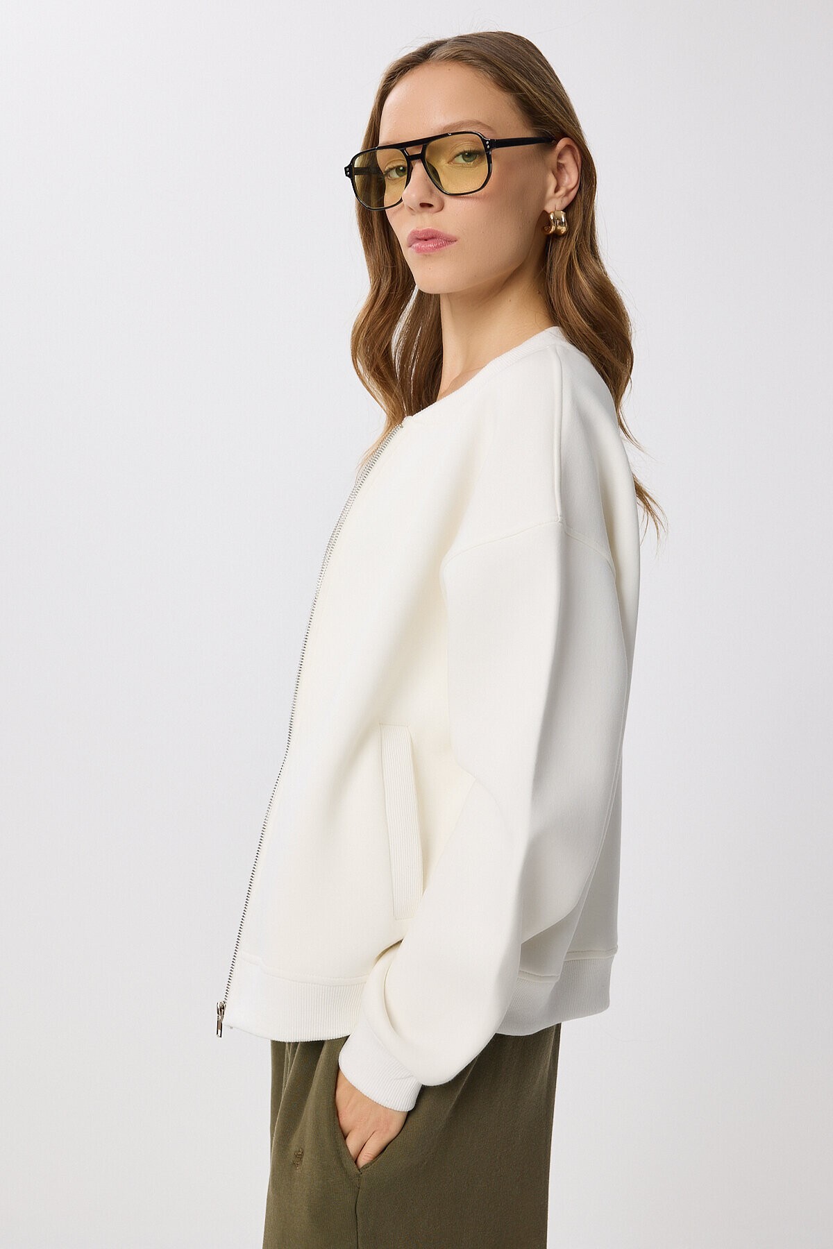 Fermuarlı Şardonlu Örme Sweatshirt EKRU LAN0066