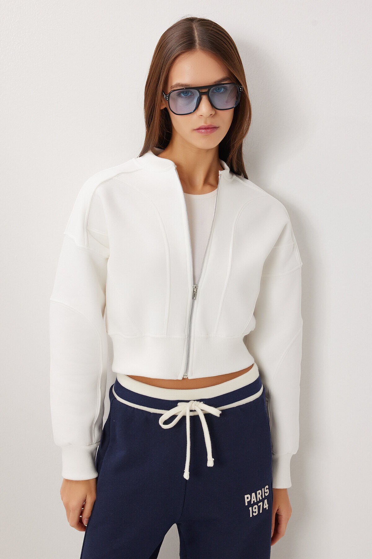 Fermuarlı Şardonlu Örme Sweatshirt EKRU LAN0085