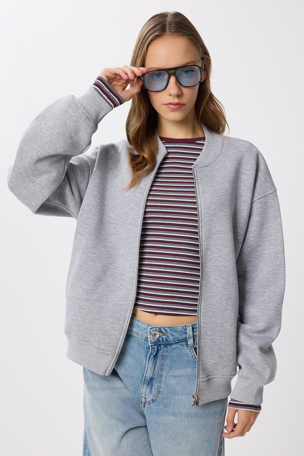 Fermuarlı Şardonlu Örme Sweatshirt GRİ MELANJ LAN0066