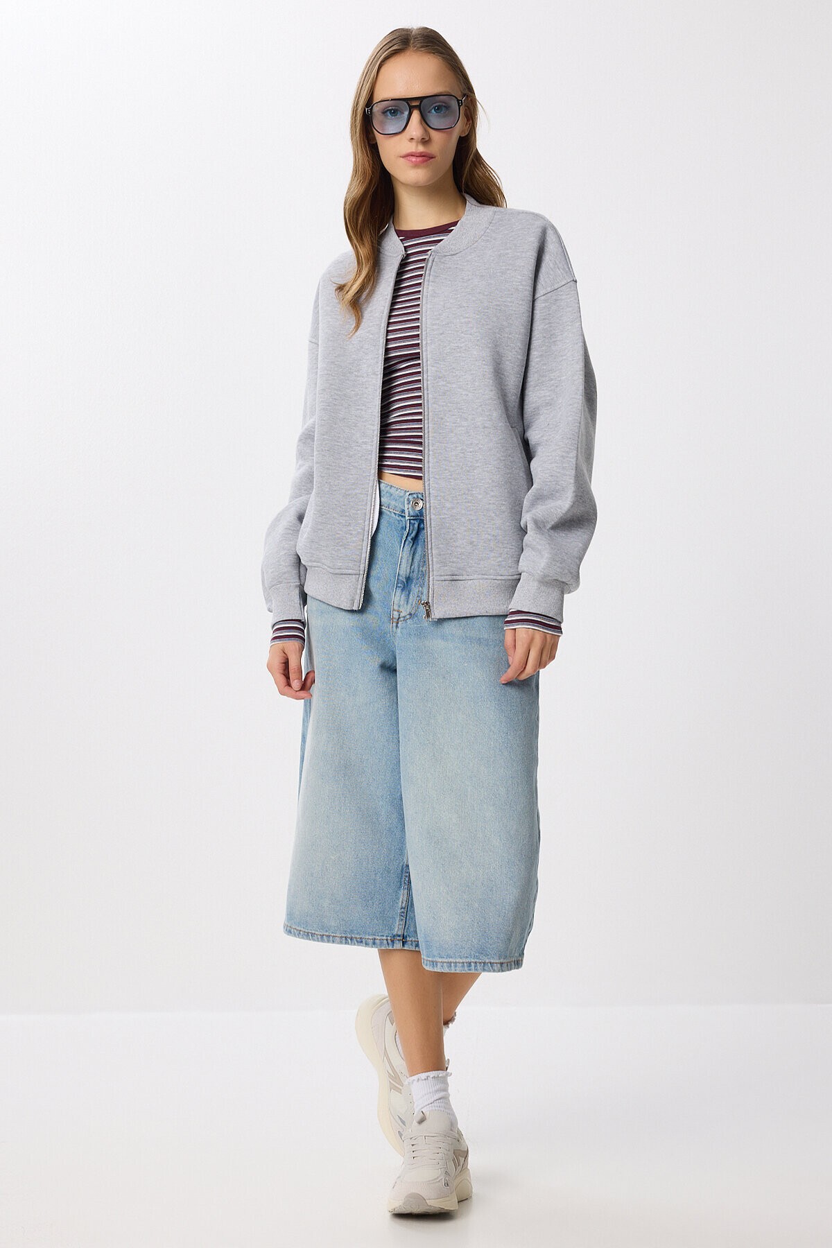 Fermuarlı Şardonlu Örme Sweatshirt GRİ MELANJ LAN0066