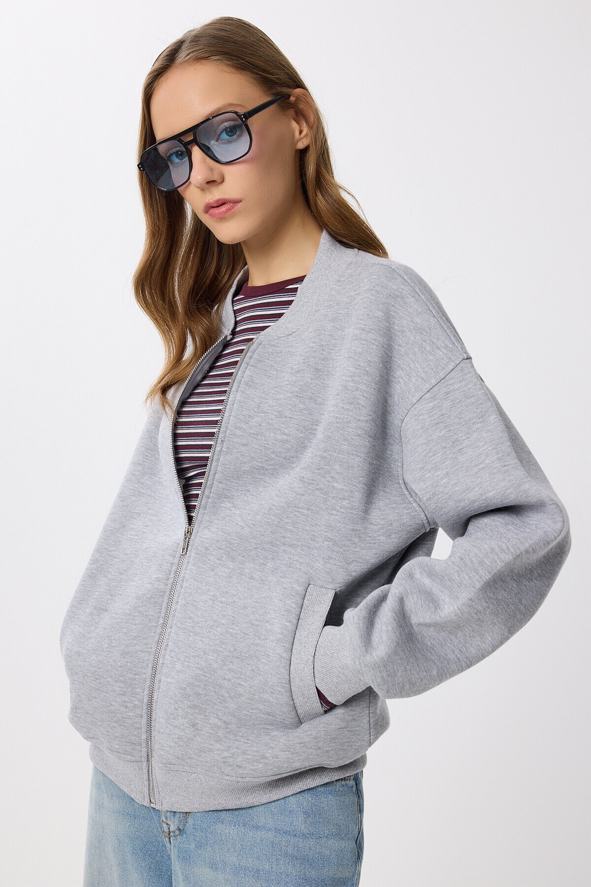 Fermuarlı Şardonlu Örme Sweatshirt GRİ MELANJ LAN0066