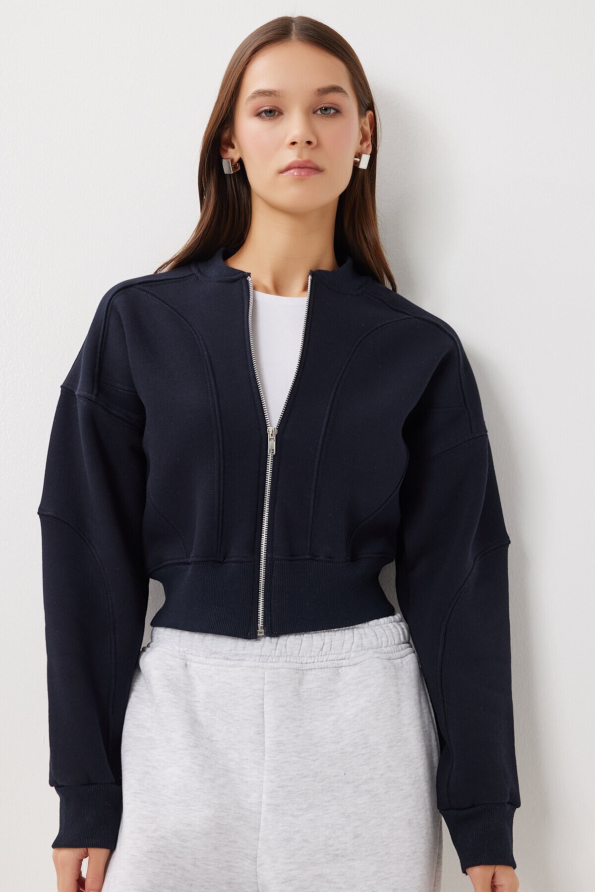 Fermuarlı Şardonlu Örme Sweatshirt LACİVERT LAN0085