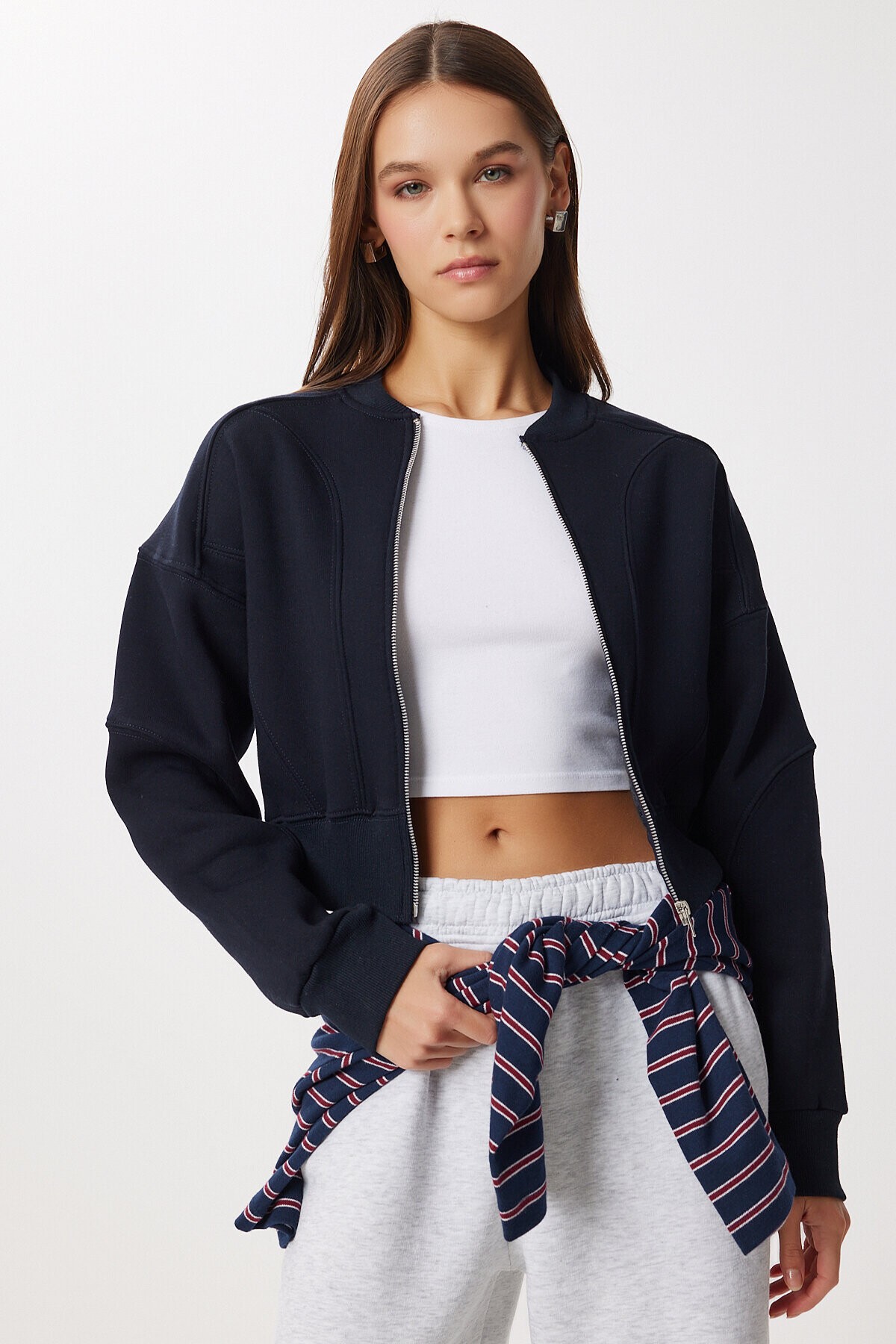 Fermuarlı Şardonlu Örme Sweatshirt LACİVERT LAN0085
