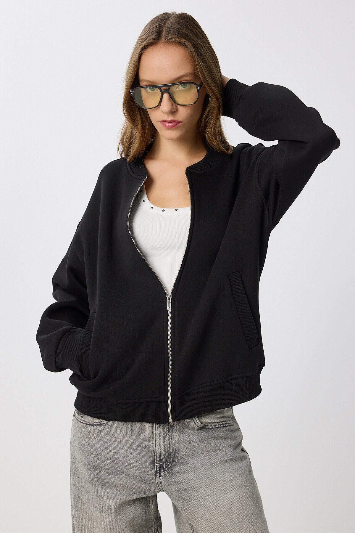 Fermuarlı Şardonlu Örme Sweatshirt SİYAH LAN0066