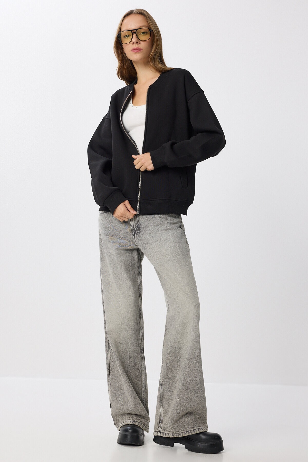 Fermuarlı Şardonlu Örme Sweatshirt SİYAH LAN0066