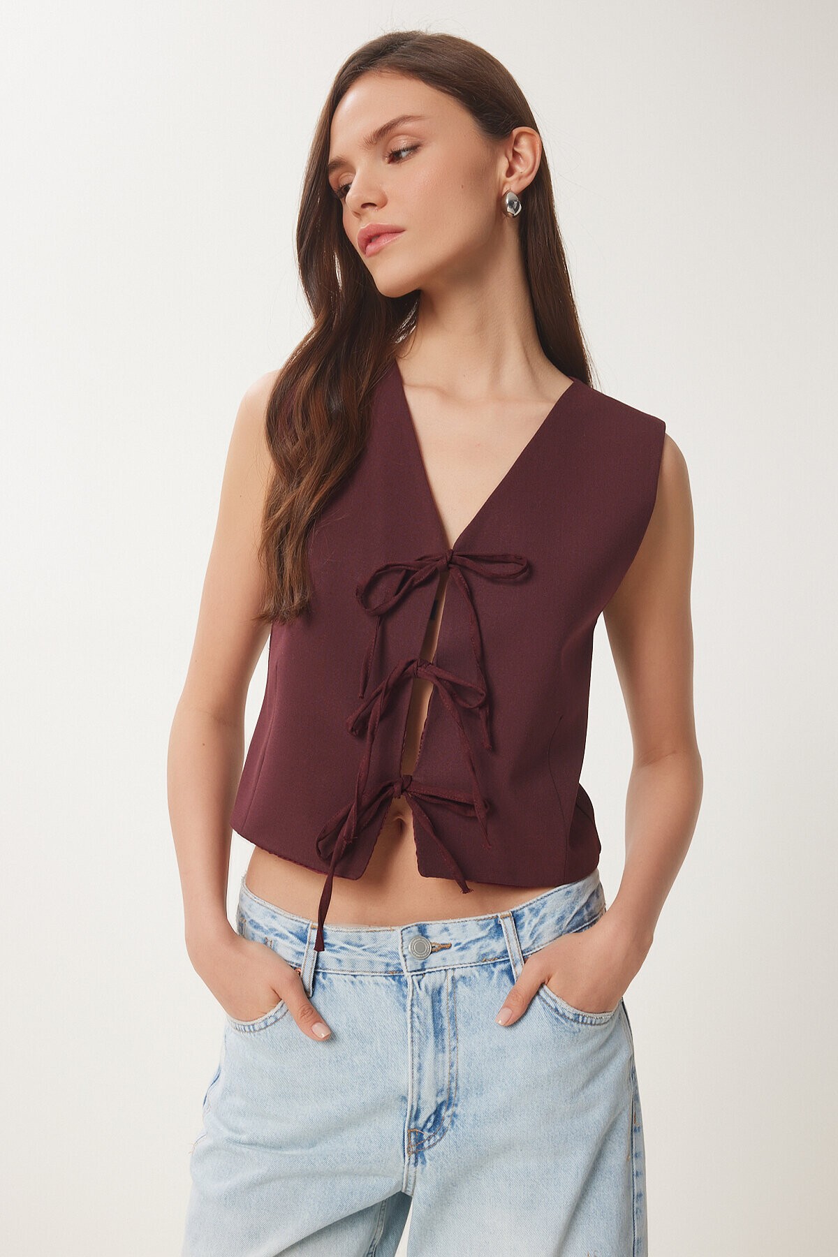 Fiyonk Bağlamalı Dokuma Yelek BORDO LBV0057