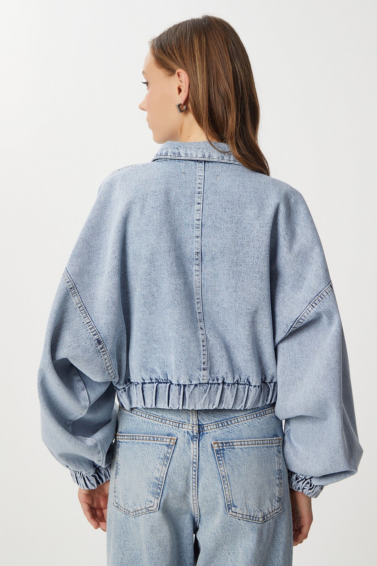 Geniş Cepli Fermuarlı Denim Ceket AÇIK MAVİ LAN0065