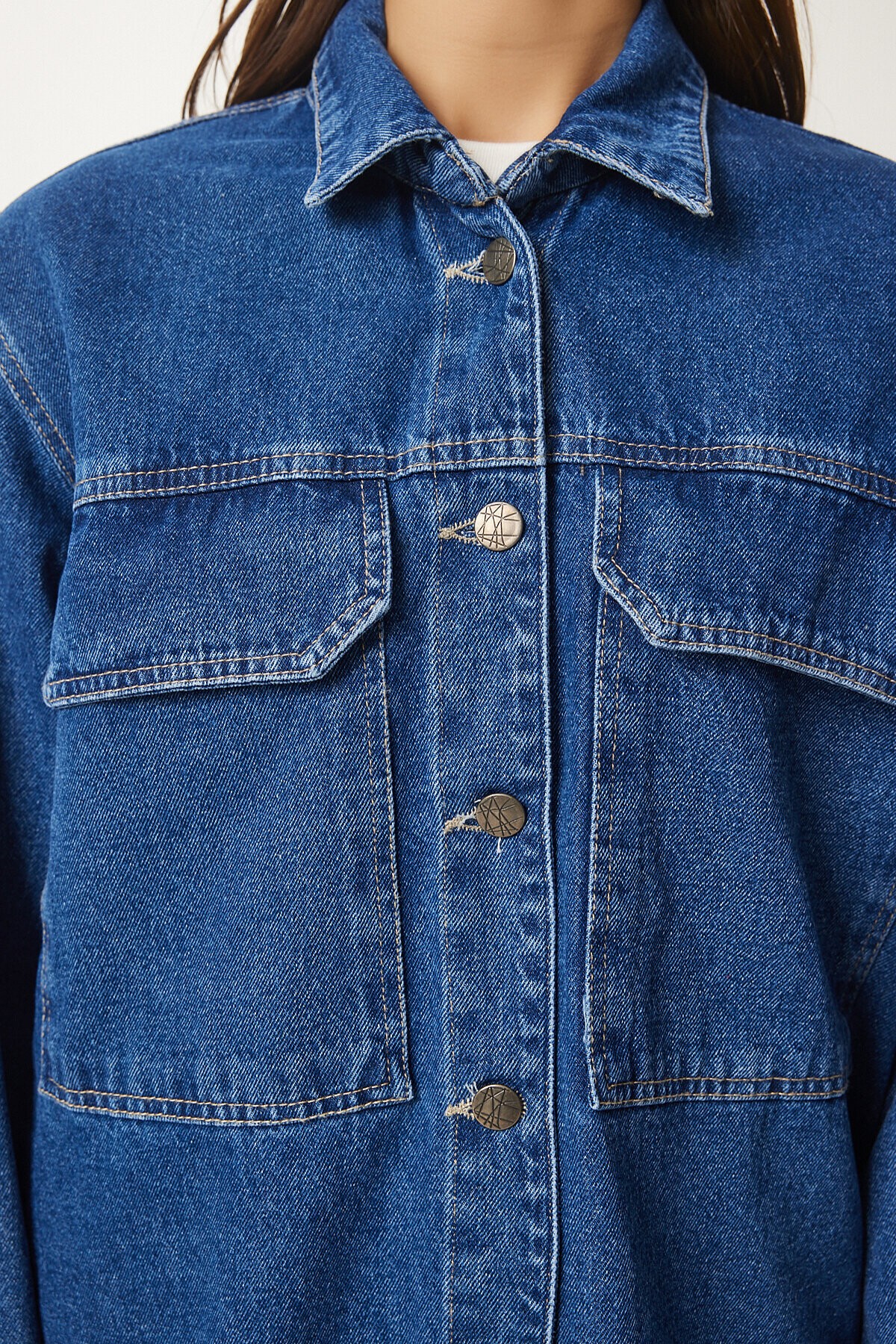 Geniş Cepli Oversize Denim Ceket KOYU MAVİ LAN0031