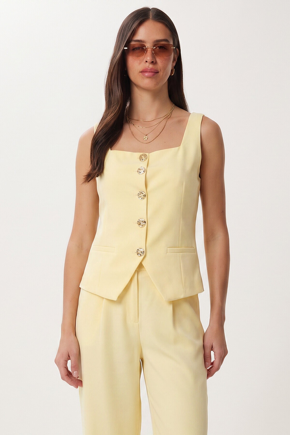 Gold Düğmeli Dokuma Yelek-Pantolon Takım SARI LAZ0004