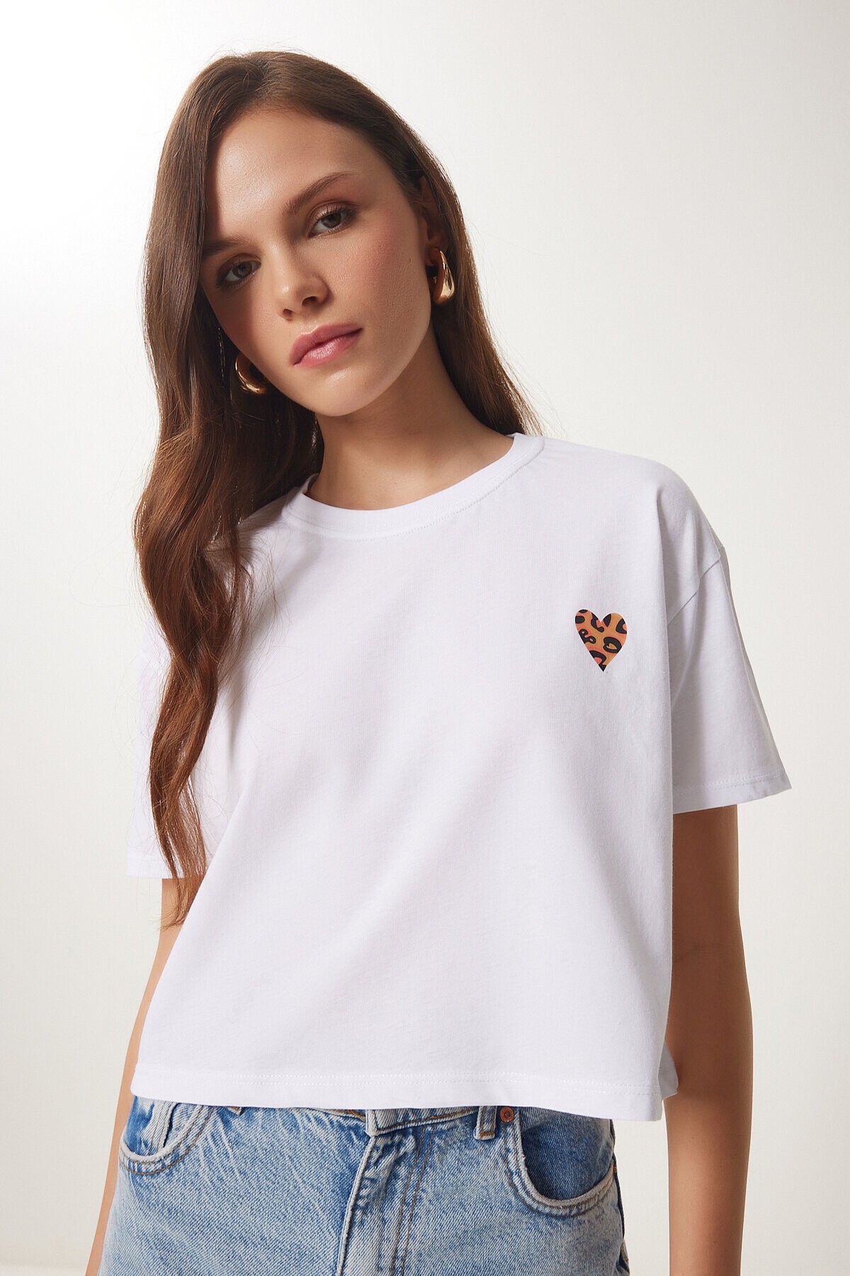 Kalp Baskılı Pamuklu Kısa Örme T-Shirt BEYAZ LAN0024