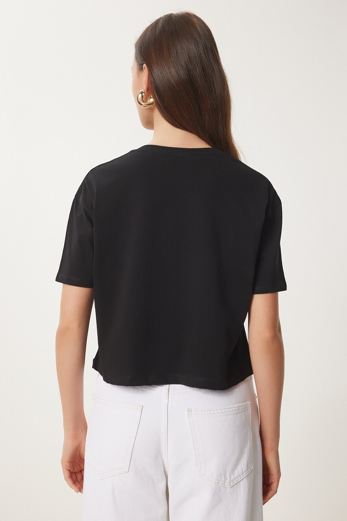 Kalp Baskılı Pamuklu Kısa Örme T-Shirt SİYAH LAN0024