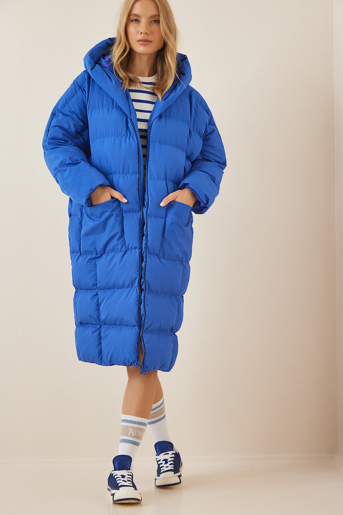 Kapüşonlu Oversize Şişme Kaban MAVİ LAV0002