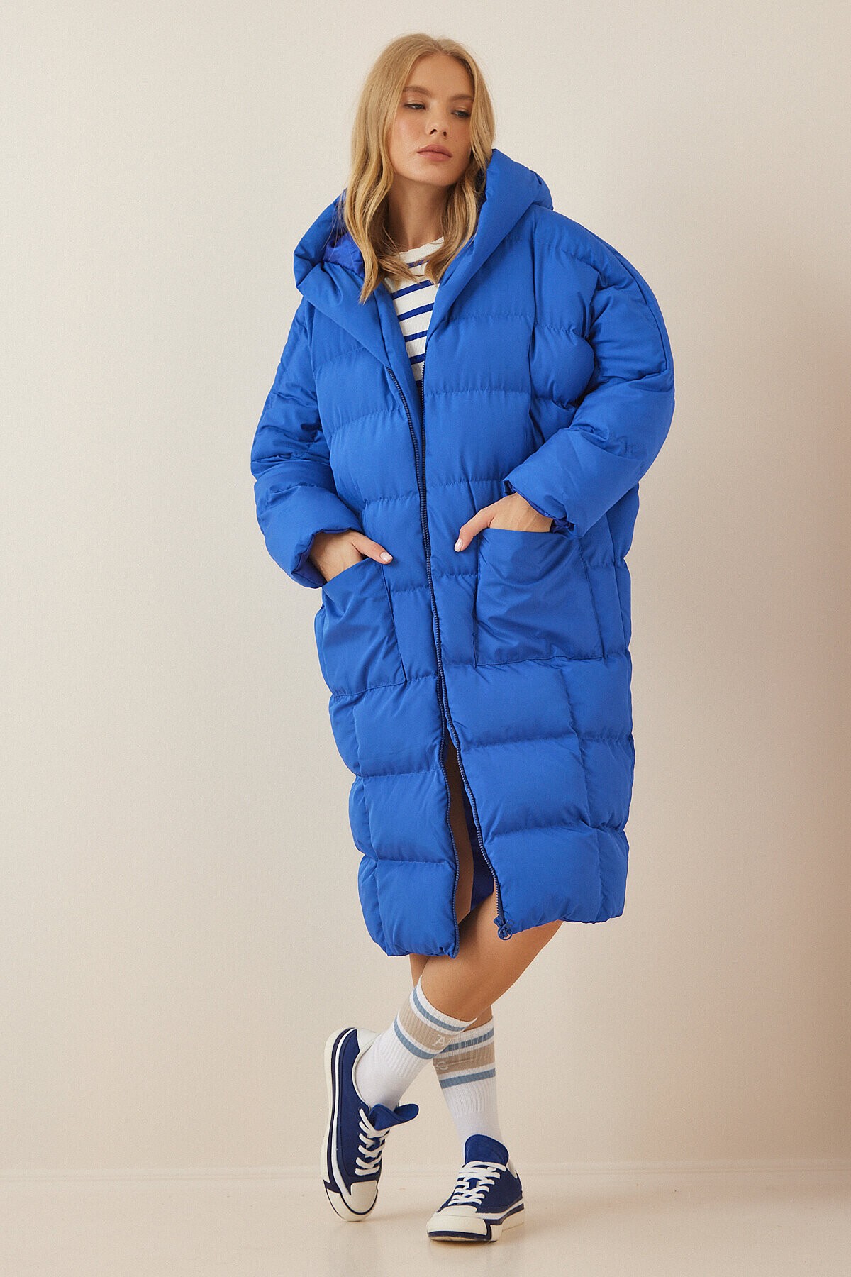 Kapüşonlu Oversize Şişme Kaban MAVİ LAV0002