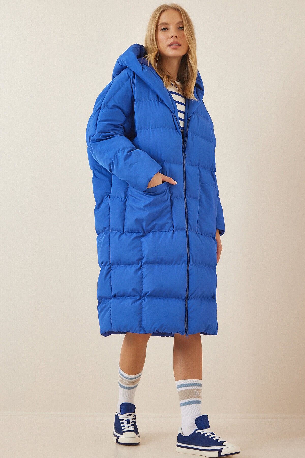 Kapüşonlu Oversize Şişme Kaban MAVİ LAV0002