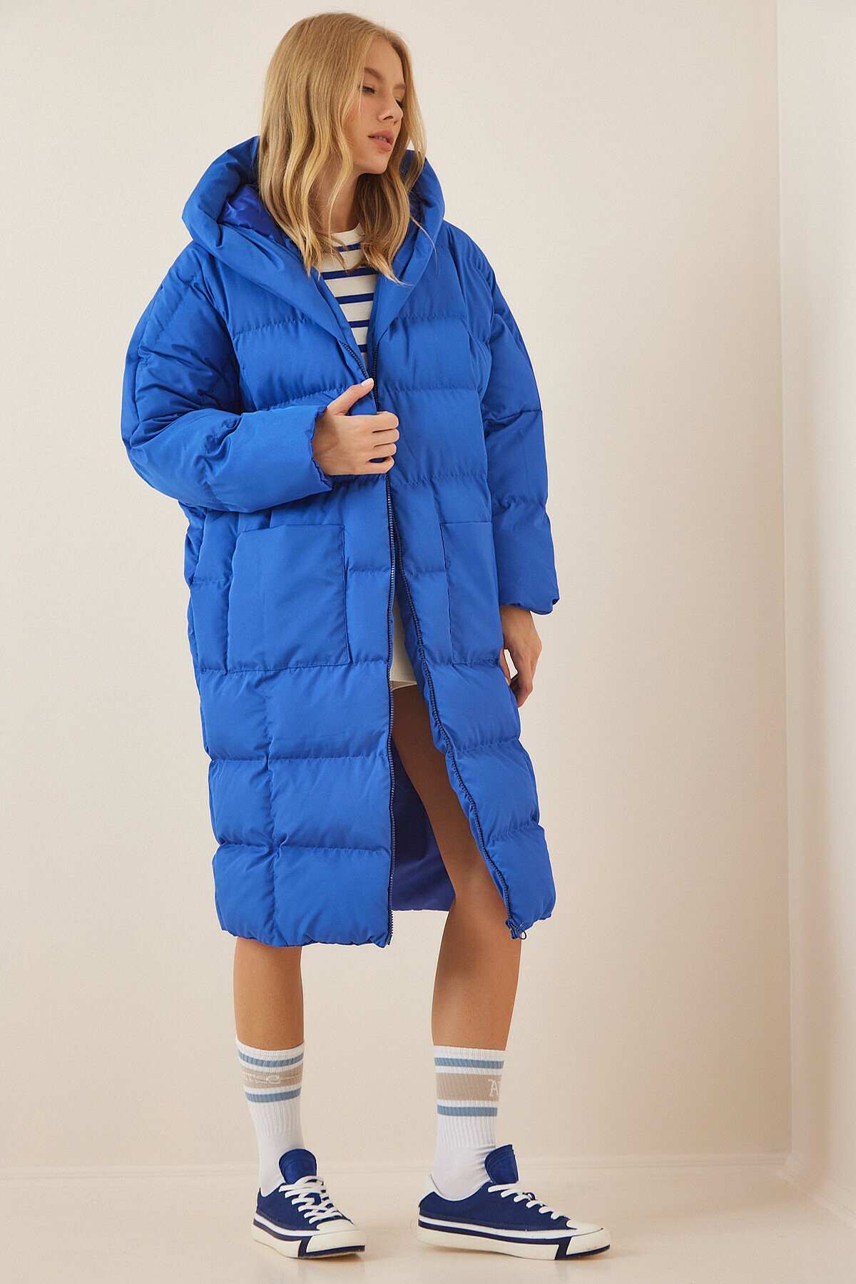 Kapüşonlu Oversize Şişme Kaban MAVİ LAV0002
