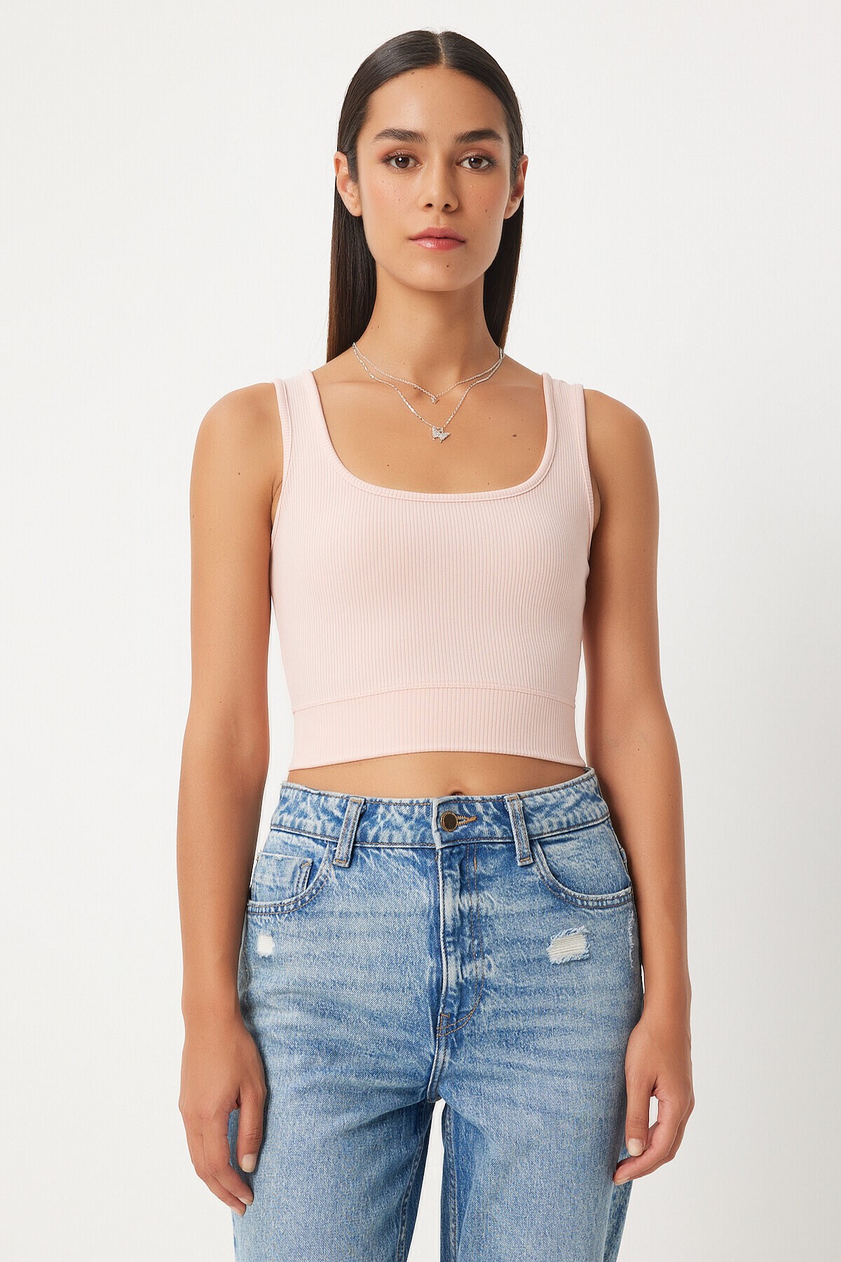 Kare Yaka Askılı  Fitilli Crop Bluz AÇIK PUDRA LBF0016