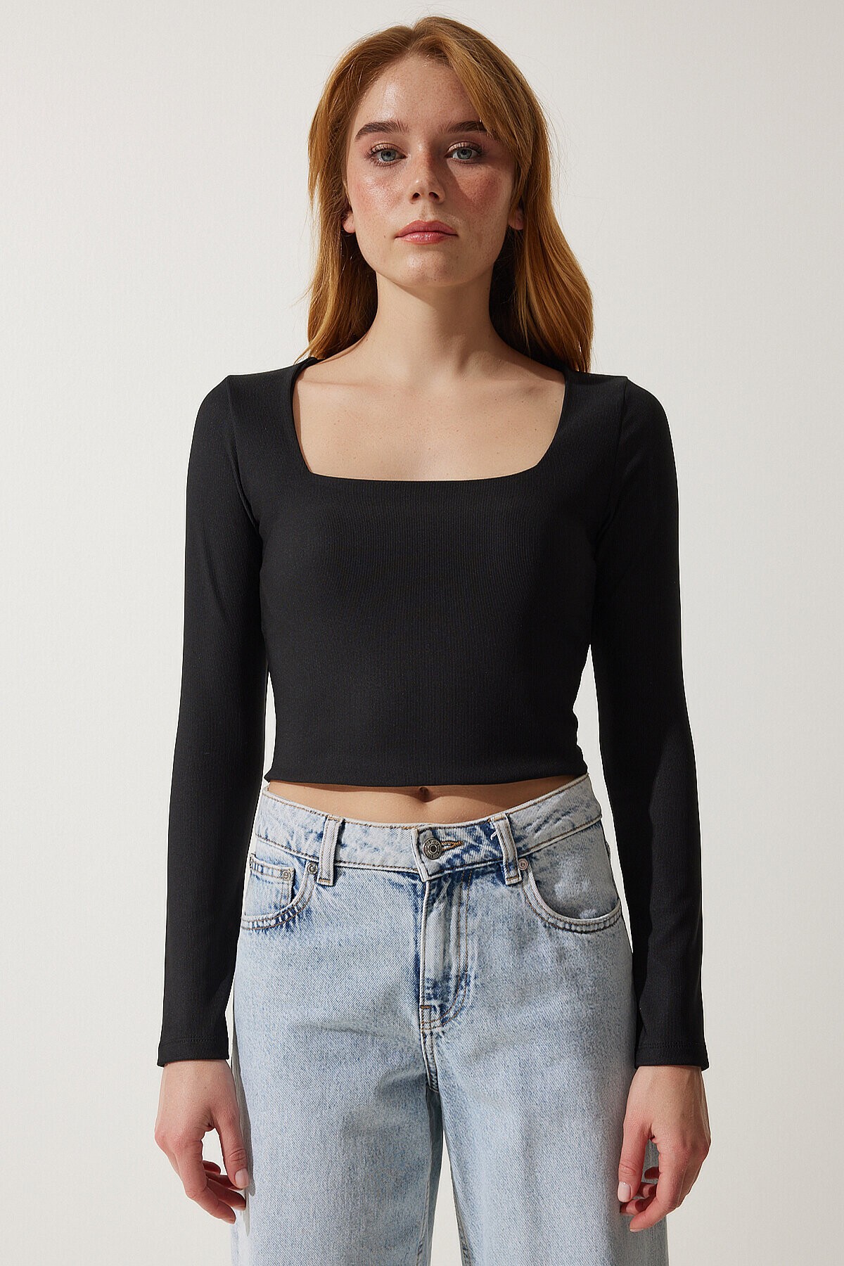Kare Yaka Fitilli Crop Örme Bluz 1078 SİYAH LAN0013