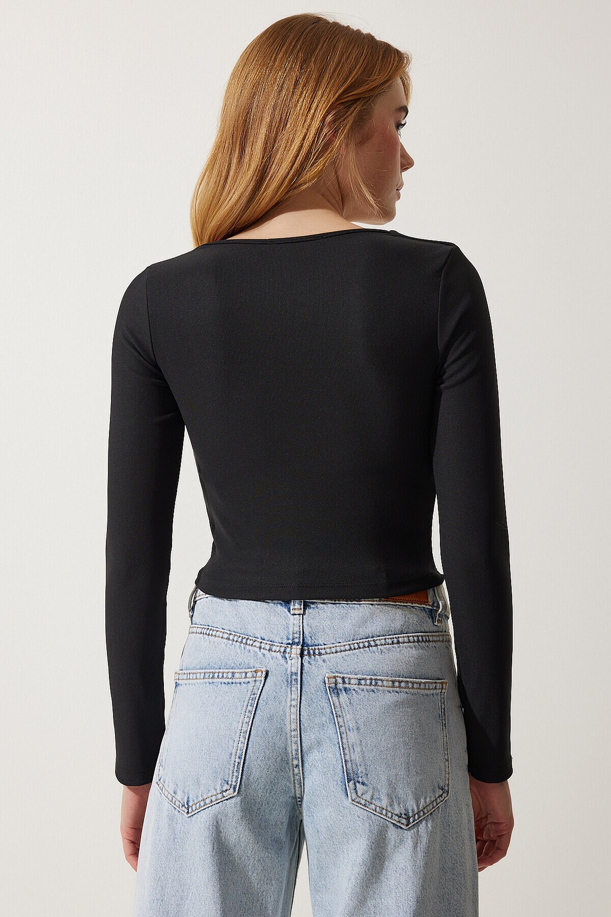 Kare Yaka Fitilli Crop Örme Bluz 1078 SİYAH LAN0013