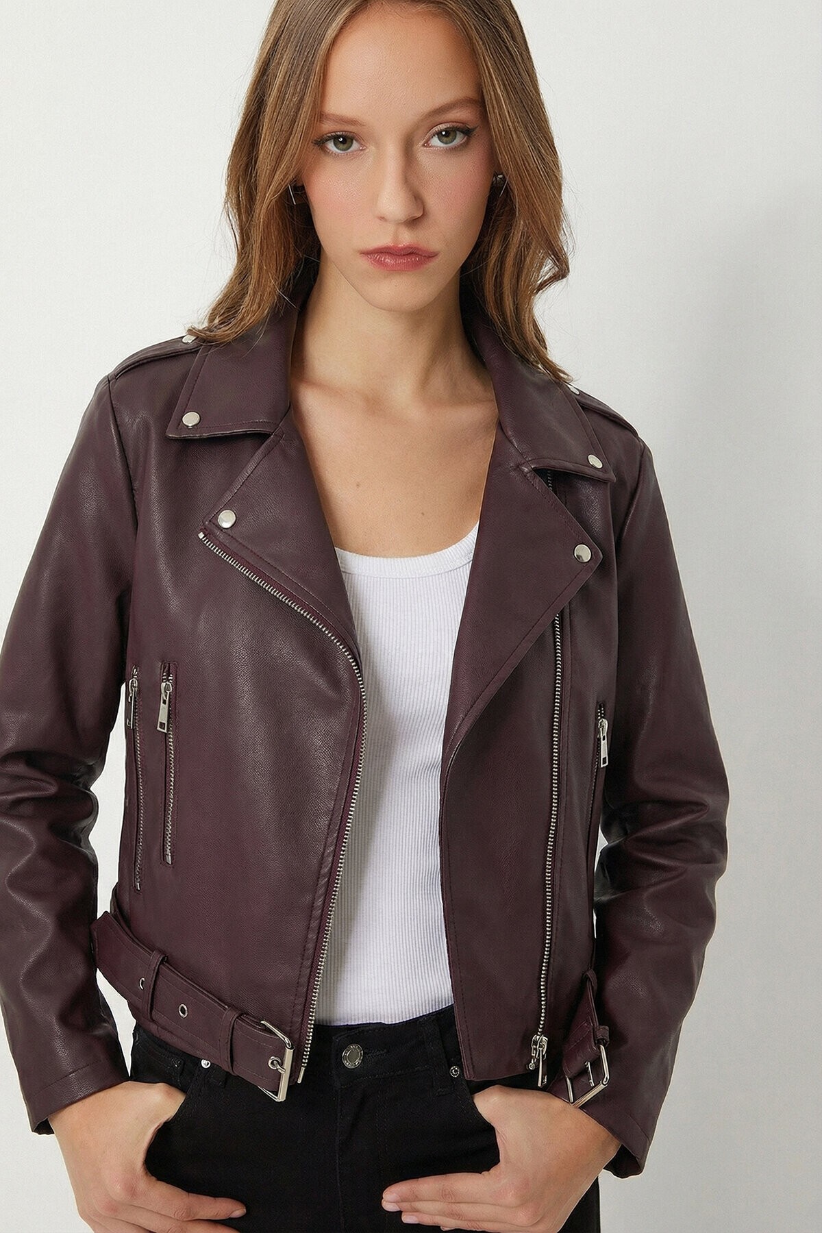 Kemerli Suni Deri Biker Ceket MÜRDÜM LAX0003