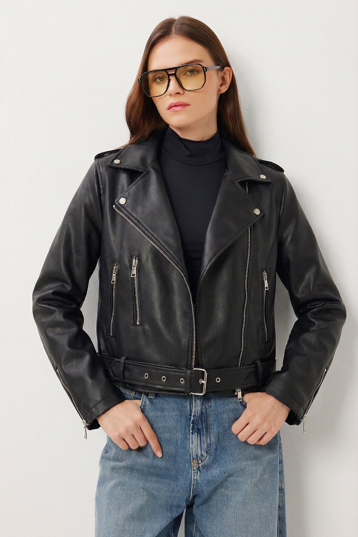 Kemerli Suni Deri Biker Ceket SİYAH LAX0003