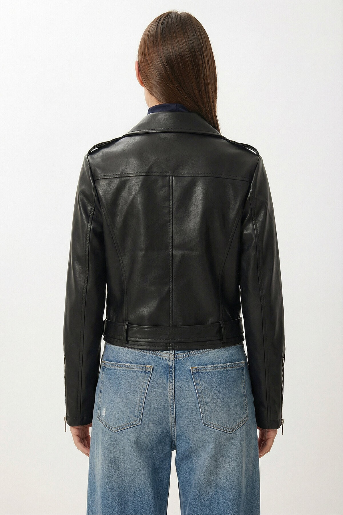 Kemerli Suni Deri Biker Ceket SİYAH LAX0003