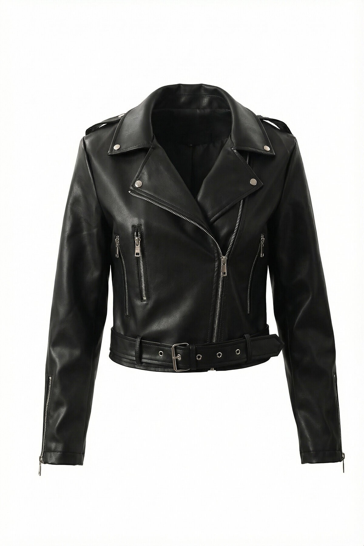 Kemerli Suni Deri Biker Ceket SİYAH LAX0003