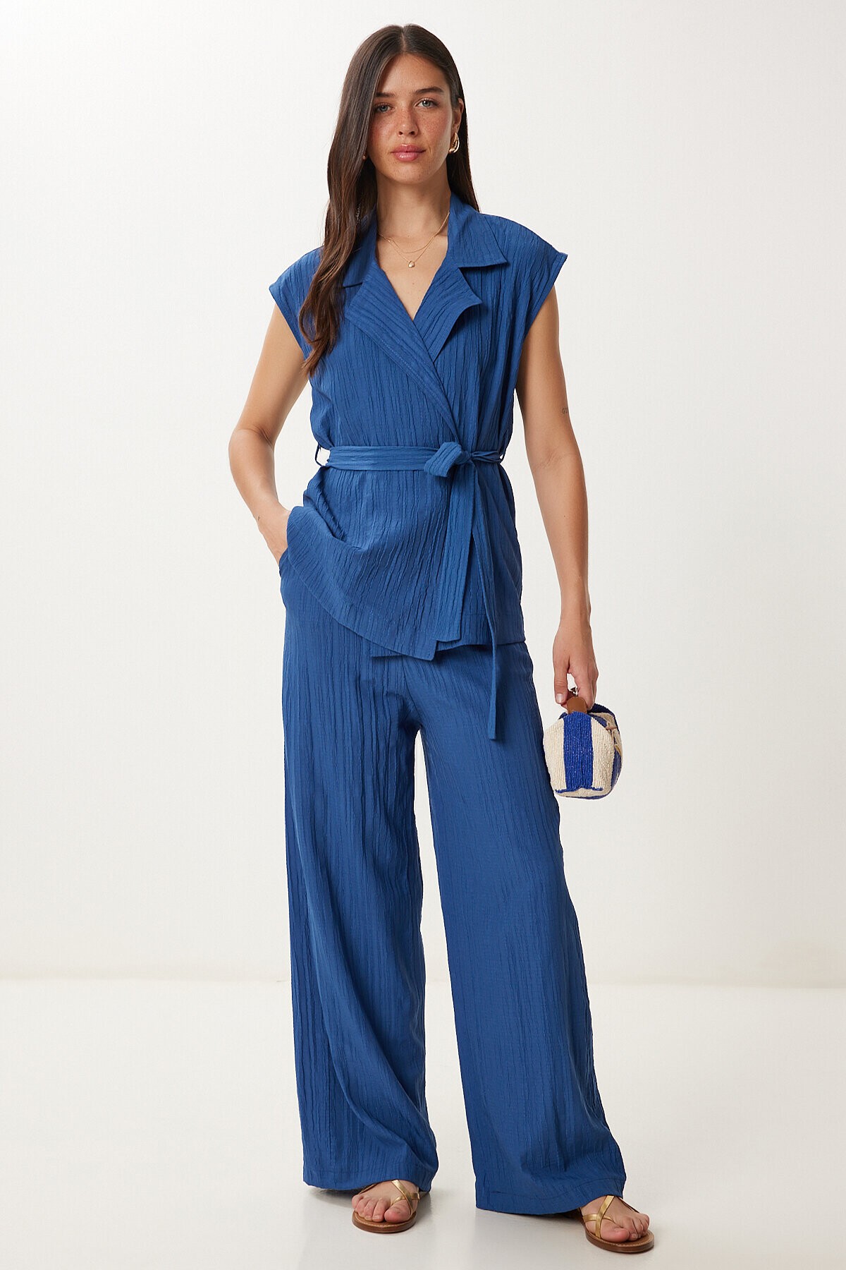 Kemerli Yelek Palazzo Örme Takım İNDİGO MAVİ LBY0002