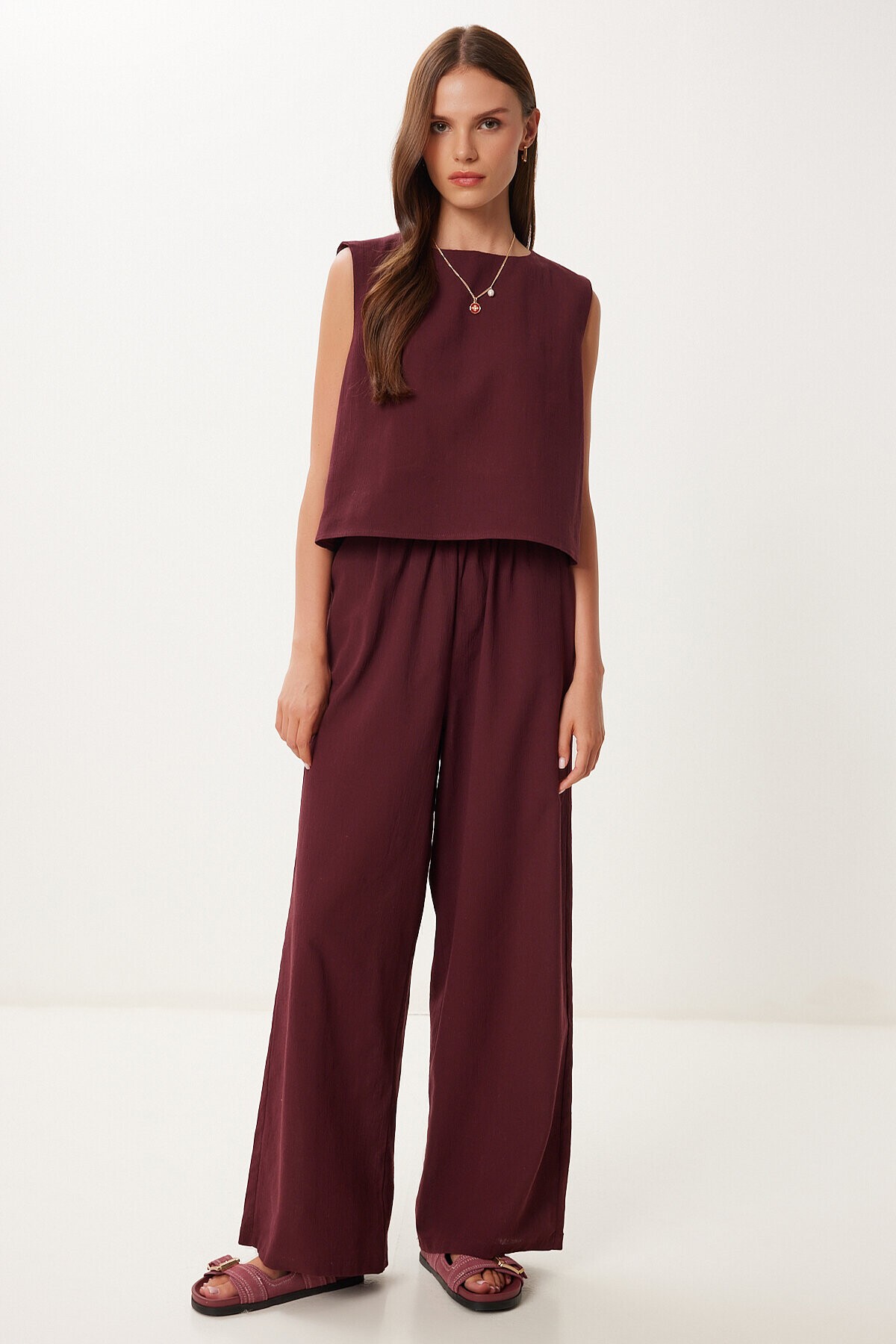 Keten Bluz Pantolon Takım BORDO HRV0001