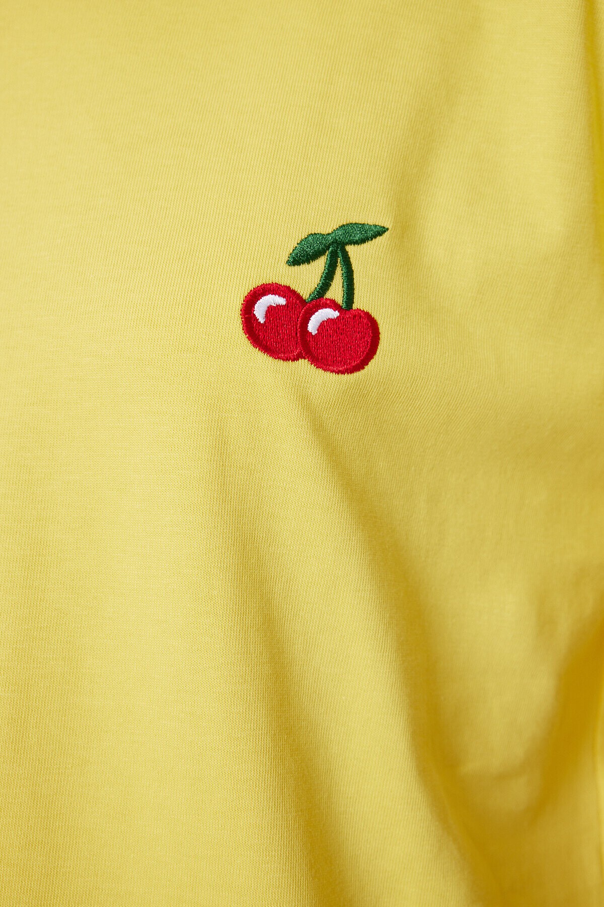 Kiraz Nakışlı Pamuklu Örme T-shirt SARI LAN0033