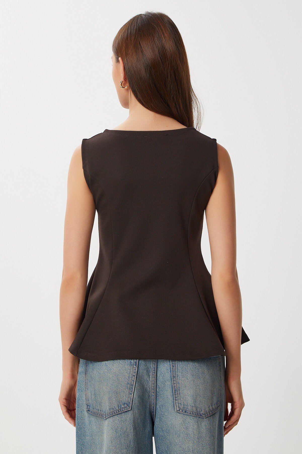 Kolsuz Peplum İnterlok Bluz KAHVERENGİ LAN0058