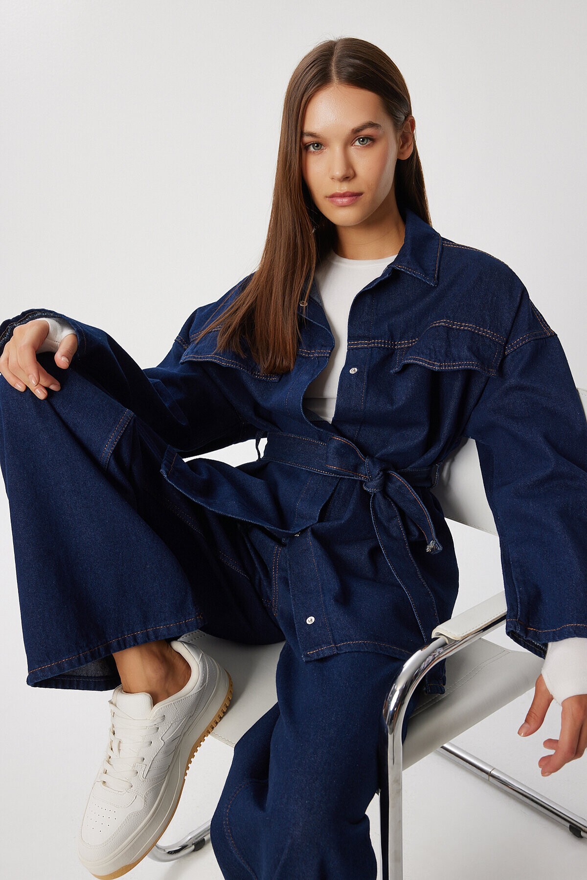 Kuşaklı Denim Ceket Pantolon Takım 1935 KOYU MAVİ LAN0075