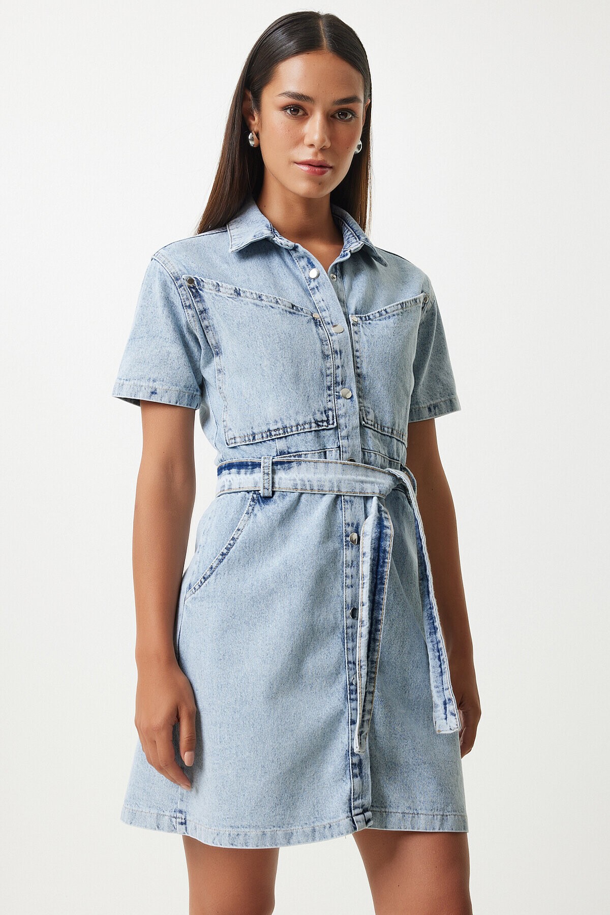 Kuşaklı Denim Elbise AÇIK MAVİ LAN0006