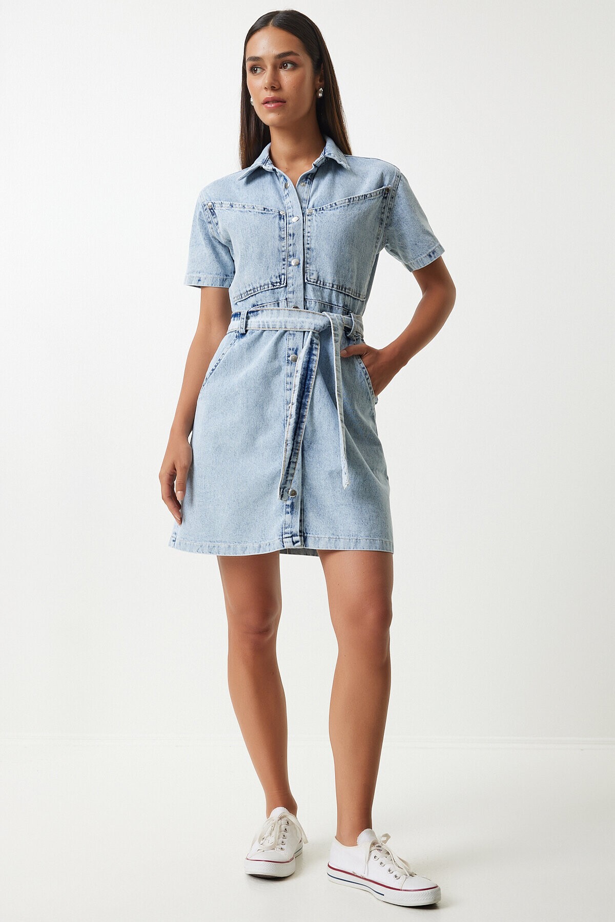 Kuşaklı Denim Elbise AÇIK MAVİ LAN0006